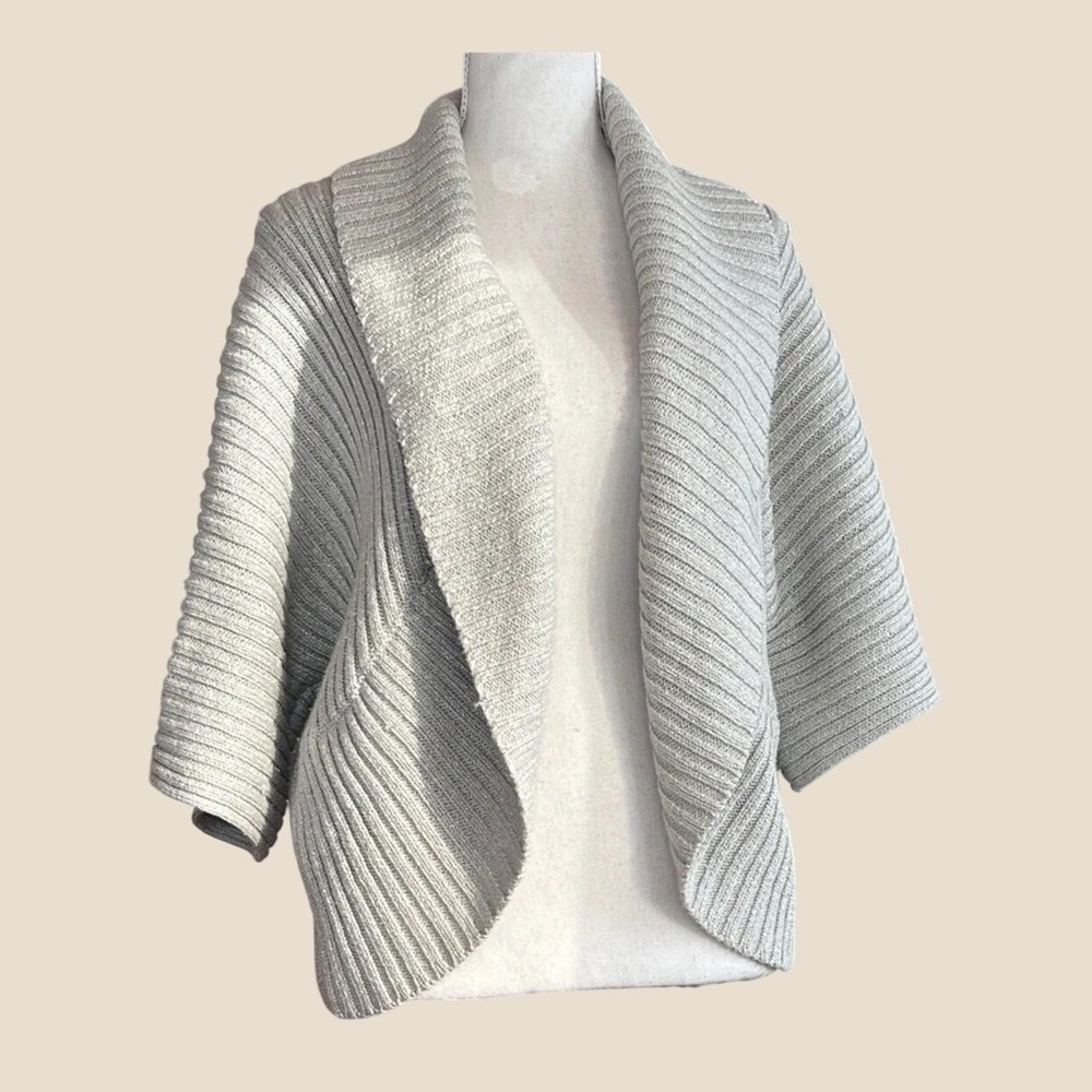 Chico's New Size 3 US XL Silver Sparkle Ribbed Open Front Shawl Cardigan Sweater